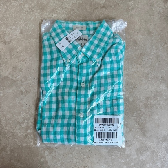 J Crew Green Check Irish Linen Long Sleeve Button Up Mens Size S Classic Fit - Picture 8 of 8